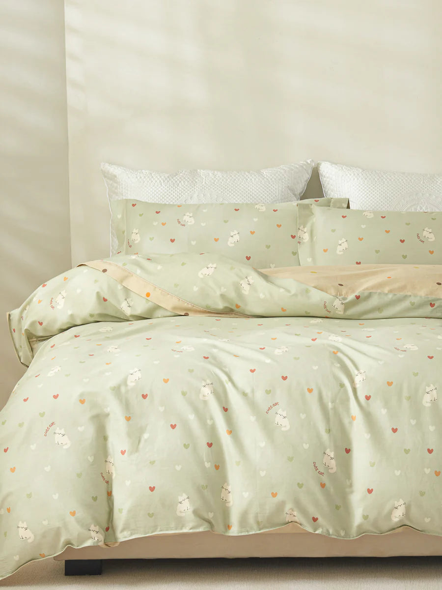 Kitty Cotton Fitted Sheet Duvet Cover Set