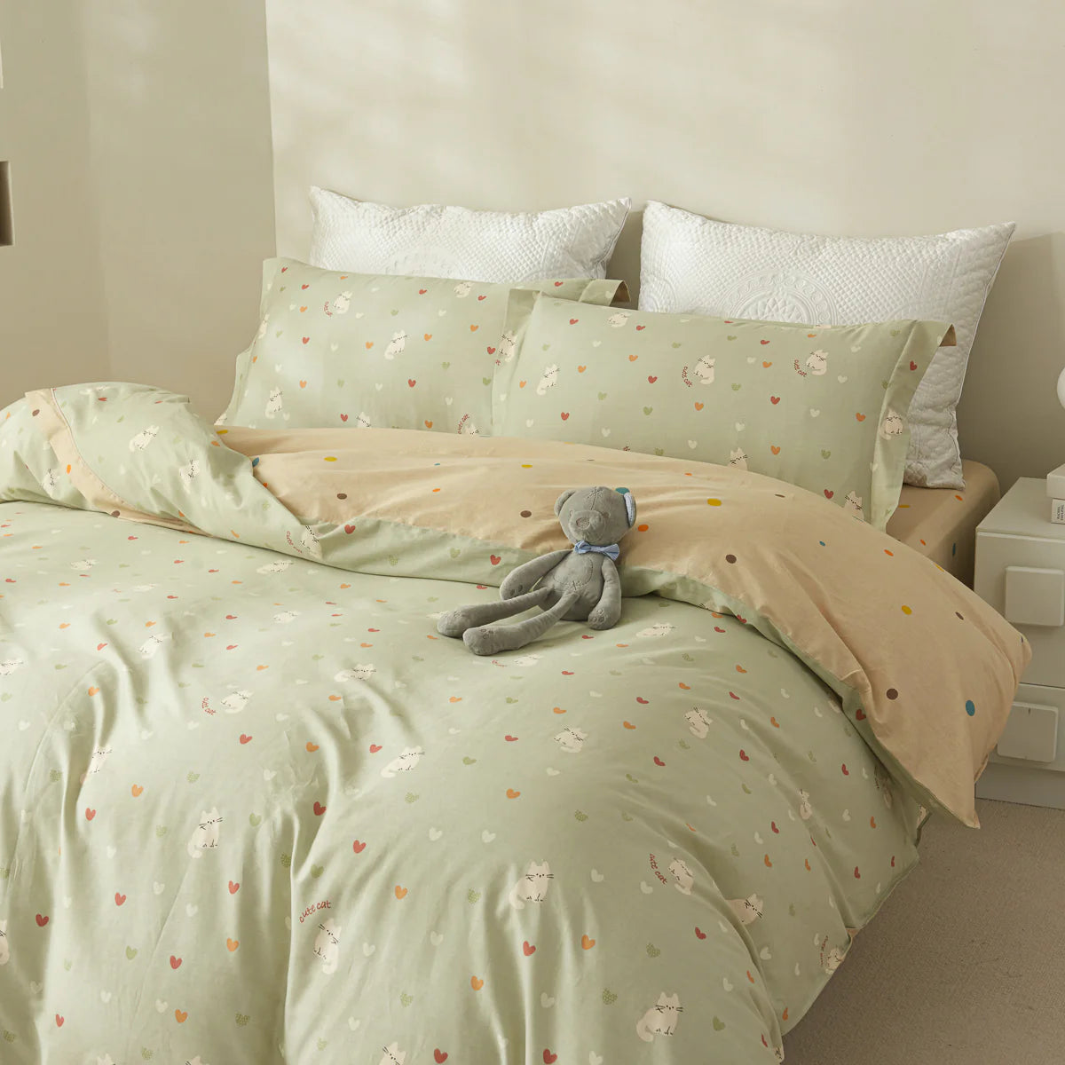 Kitty Cotton Fitted Sheet Duvet Cover Set