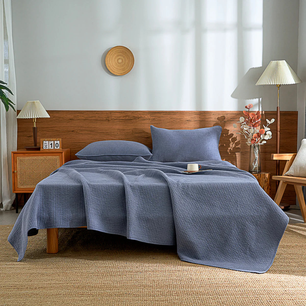 Navy Blue Solid Color Cotton Quilt Set