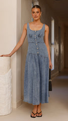 Generosa Button Front Maxi Dress - Mid Blue Denim