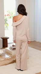 Harini Off Shoulder Long Sleeve Top and Pants Set - Taupe