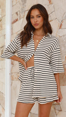Lacole Button Up Shirt and Shorts Set - Beige / Black Stripe