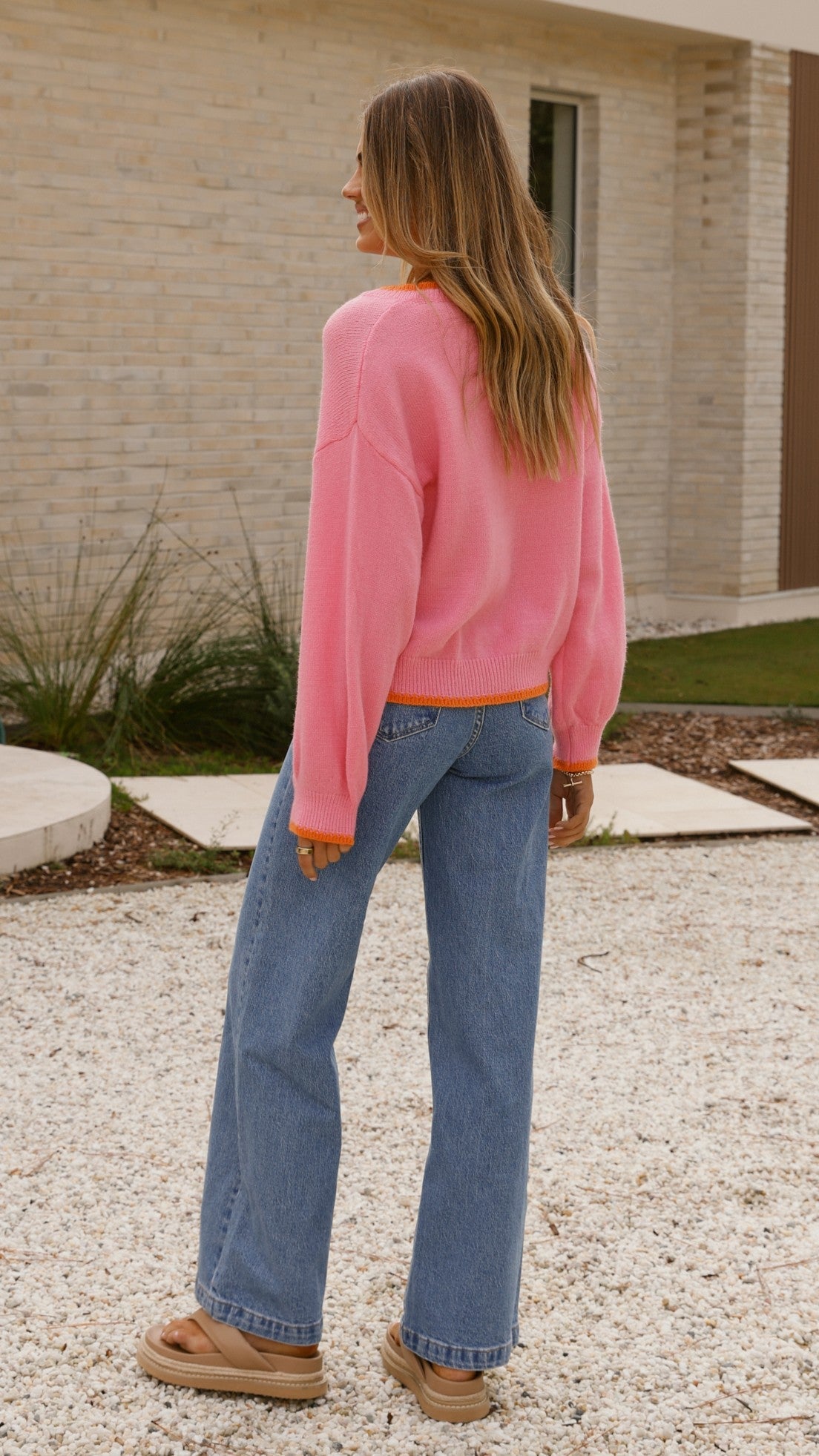 Hazina Tie Long Sleeve Knit Top - Pink / Orange