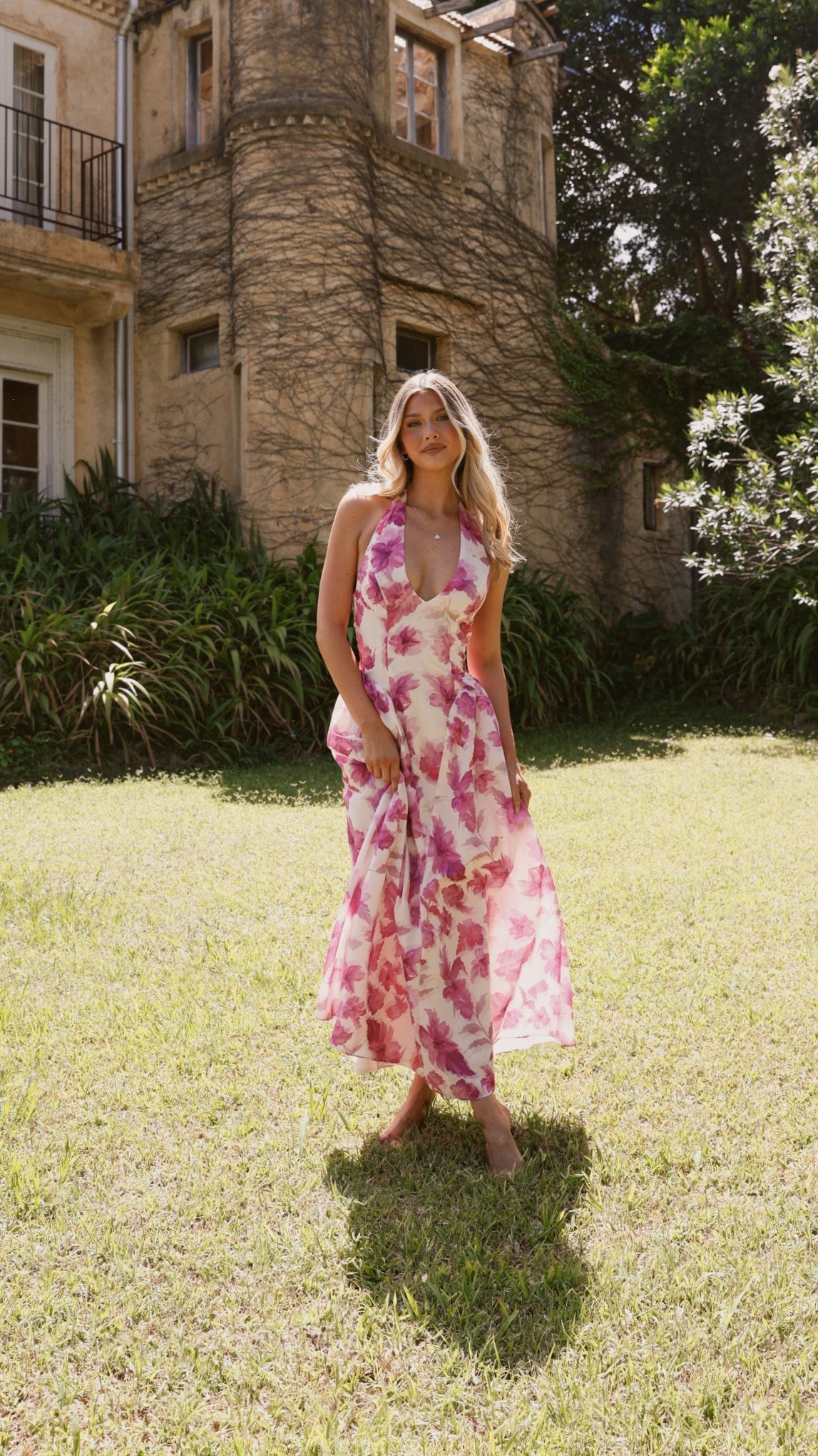 Bryony Halter Neck Maxi Dress - Pink Floral