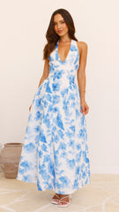Bryony Halter Neck Maxi Dress - Blue Floral