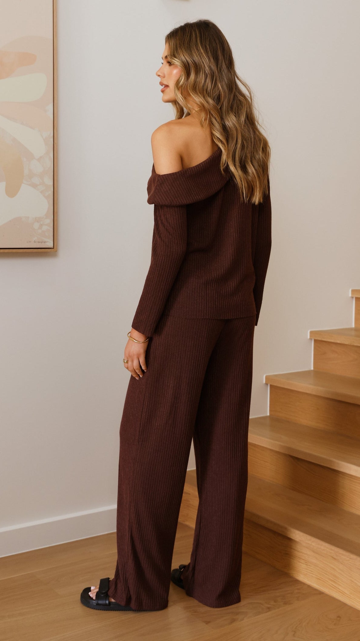 Harini Off Shoulder Long Sleeve Top and Pants Set - Chocolate