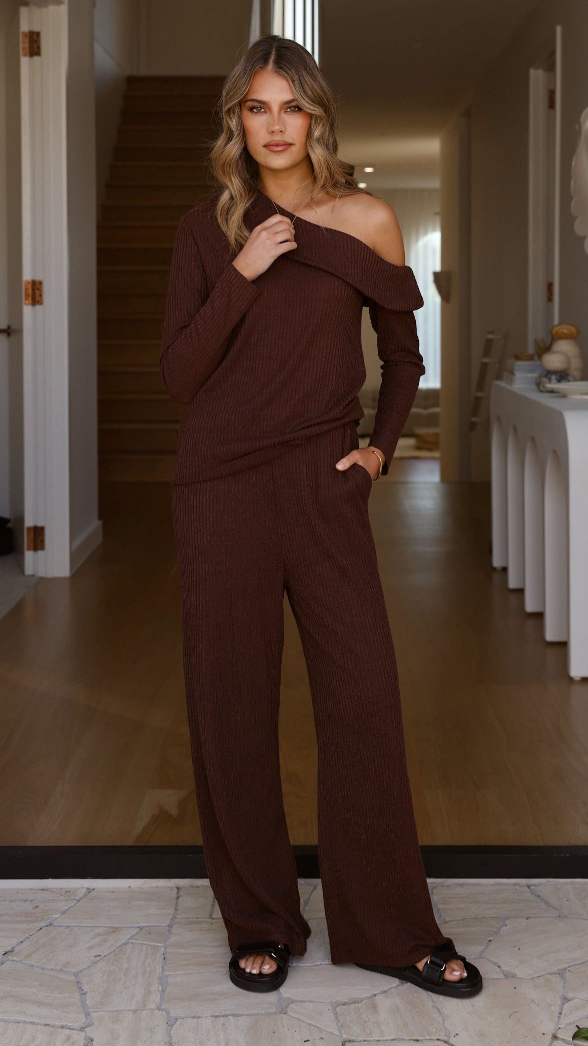 Harini Off Shoulder Long Sleeve Top and Pants Set - Chocolate