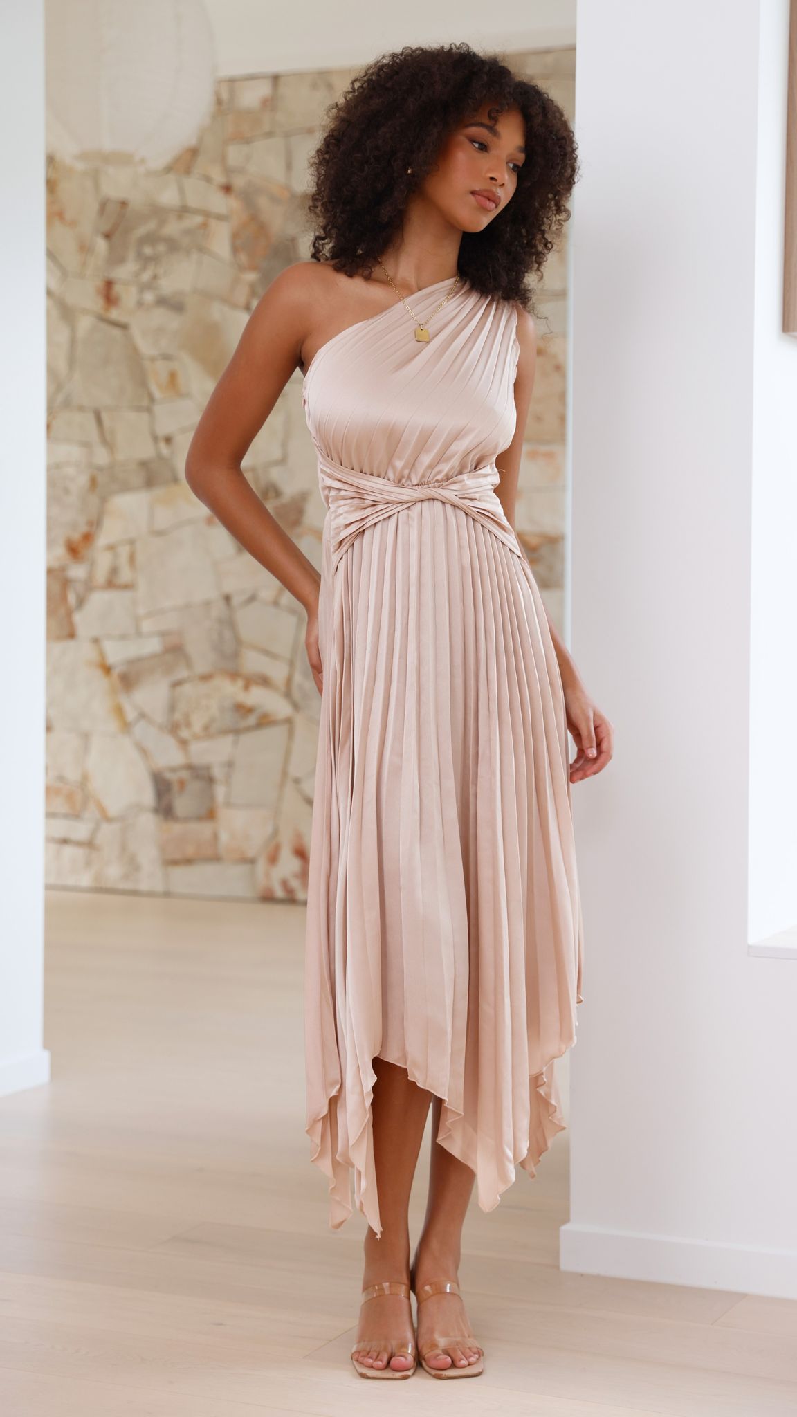 Cali One Shoulder Midi Dress - Champagne