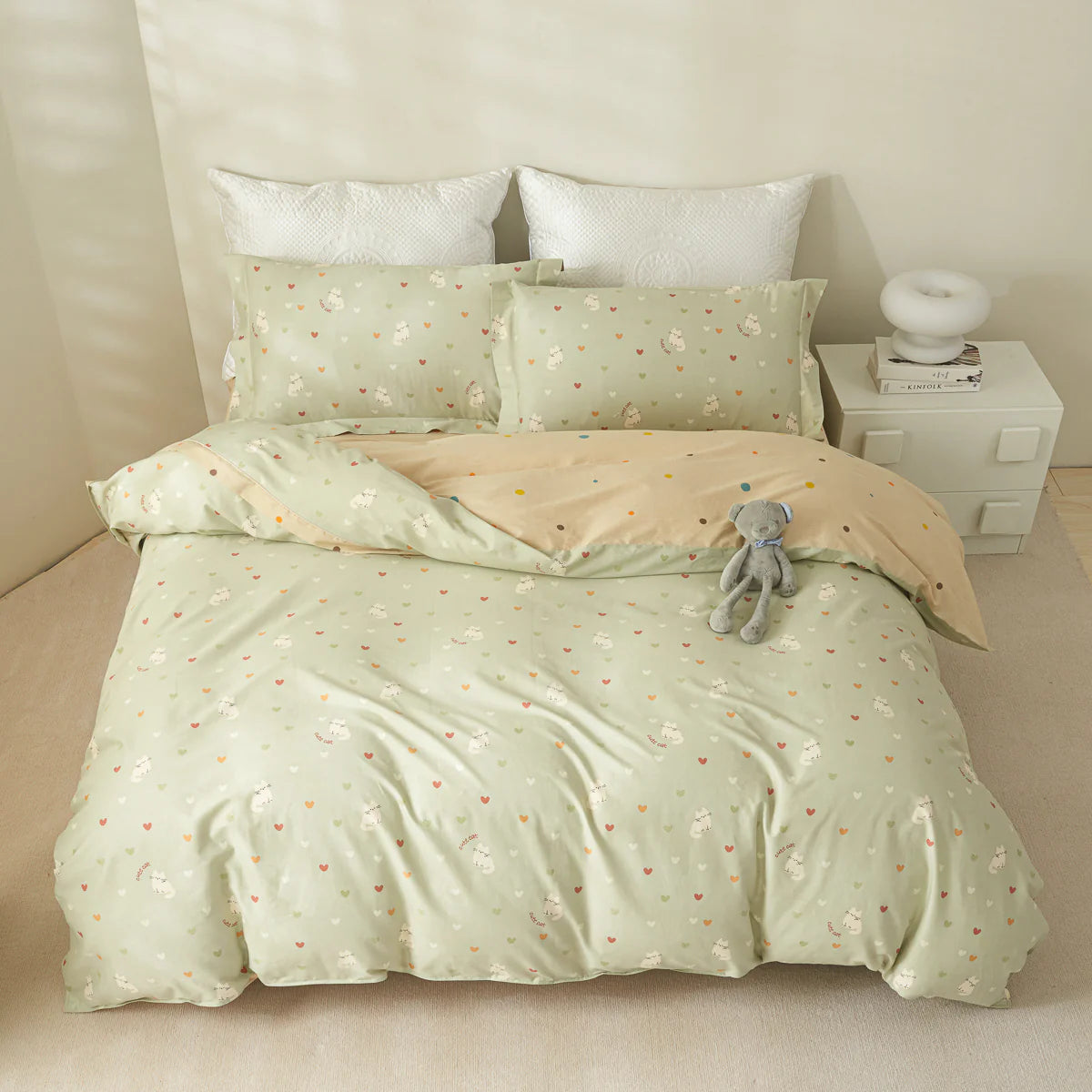 Kitty Cotton Fitted Sheet Duvet Cover Set