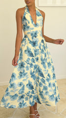 Bryony Halter Neck Maxi Dress - Yellow/Blue Floral