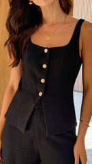 Karrina Tweed Button Up Vest and Pants Set - Black
