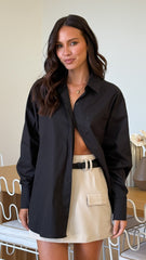 Charla Button Up Poplin Top - Black