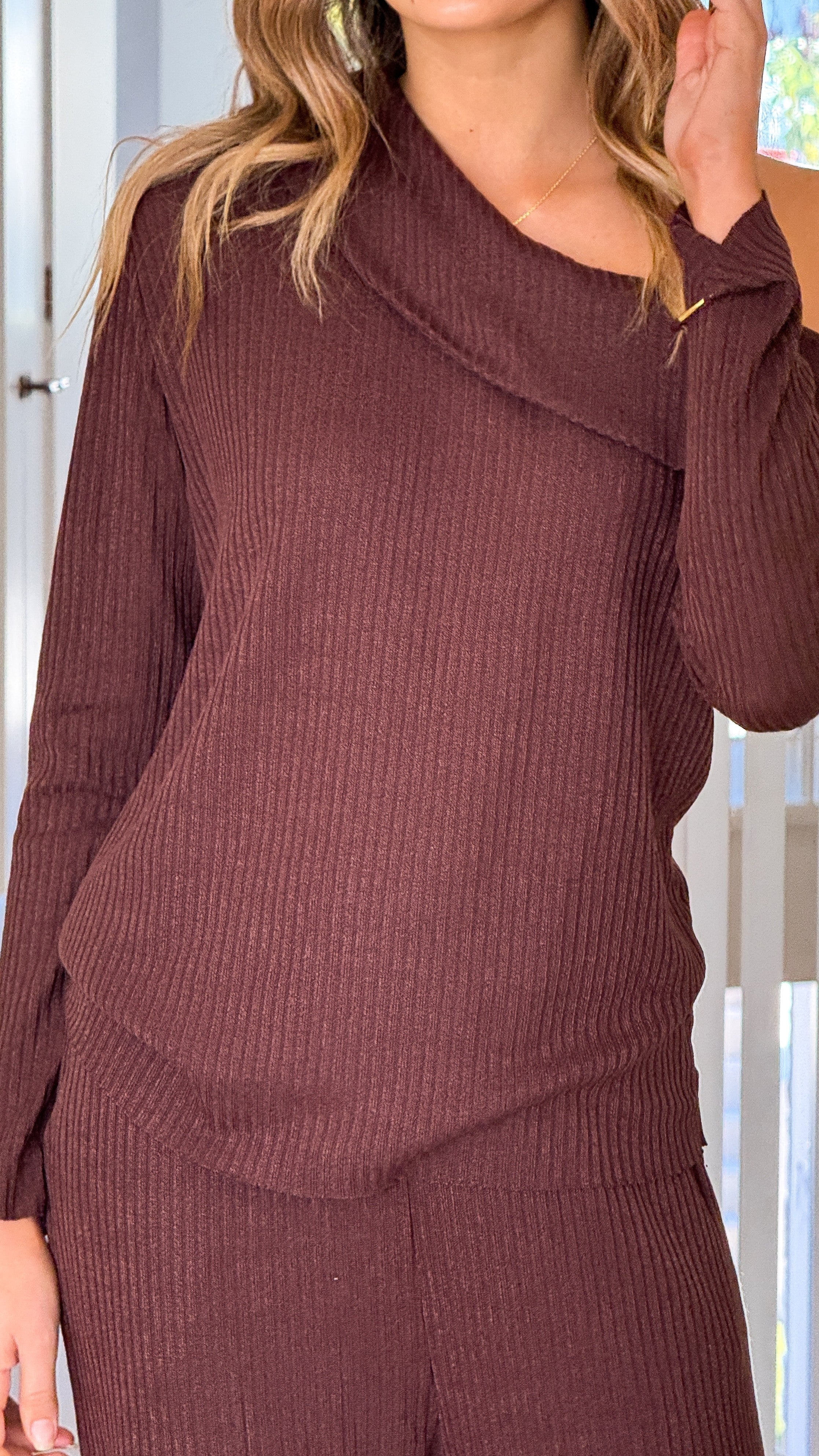Harini Off Shoulder Long Sleeve Top and Pants Set - Chocolate