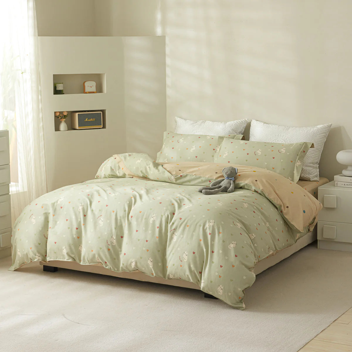 Kitty Cotton Fitted Sheet Duvet Cover Set